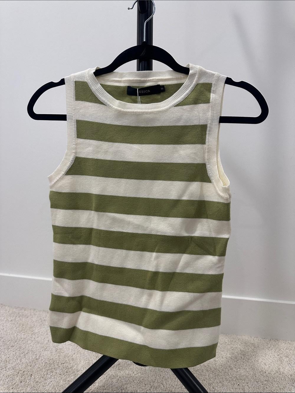 Amazon Olive Green & Cream Striped Knit Tank Top